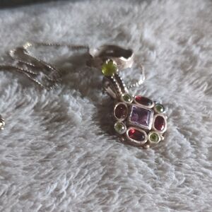 Vtg Sterling Silver Multi-Gemstone Pendant Necklace And Peridot Ring